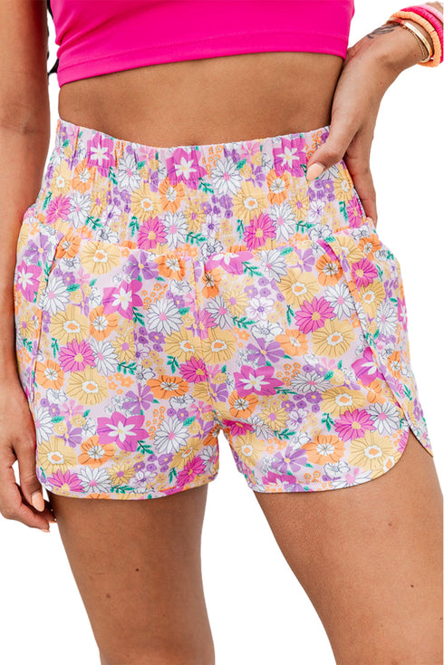 Boho Floral Shirred High Waist Casual Shorts